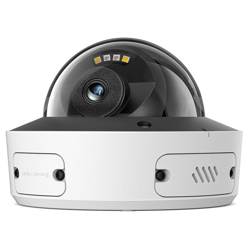 Dome recht van voren: de lens met vier led's achter de koepel en de zijpanelen met resetknop, microSD-sleuf en luidsprekerrooster