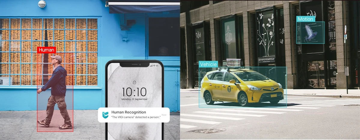 Man loopt langs een blauwe winkelpui met een rood kader Human, een telefoon toont de melding Human Recognition, rechts een gele taxi in een blauw kader