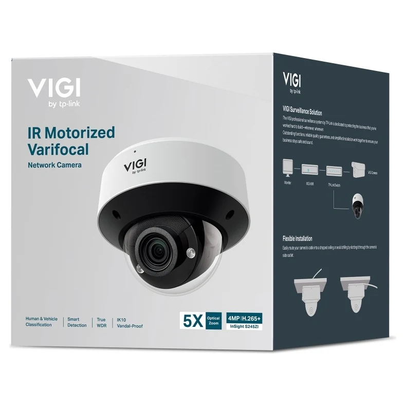 Verpakking: doos met IR Motorized Varifocal Network Camera, 5X zoom, 4MP, H.265+ en InSight S245ZI