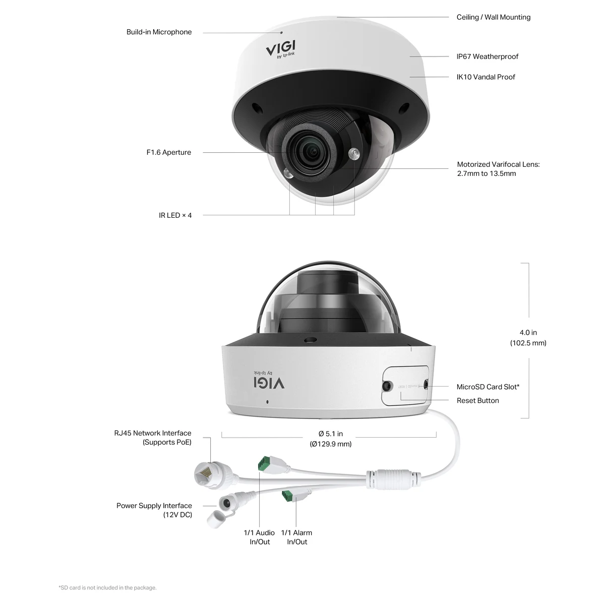 Bouwtekening: microfoon, IP67, IK10, F1.6-diafragma, gemotoriseerde varifocale lens 2,7-13,5 mm, 4 infraroodled's, microSD-sleuf, resetknop, RJ45 met PoE, 12V DC, audio in/uit, alarm in/uit en de afmetingen