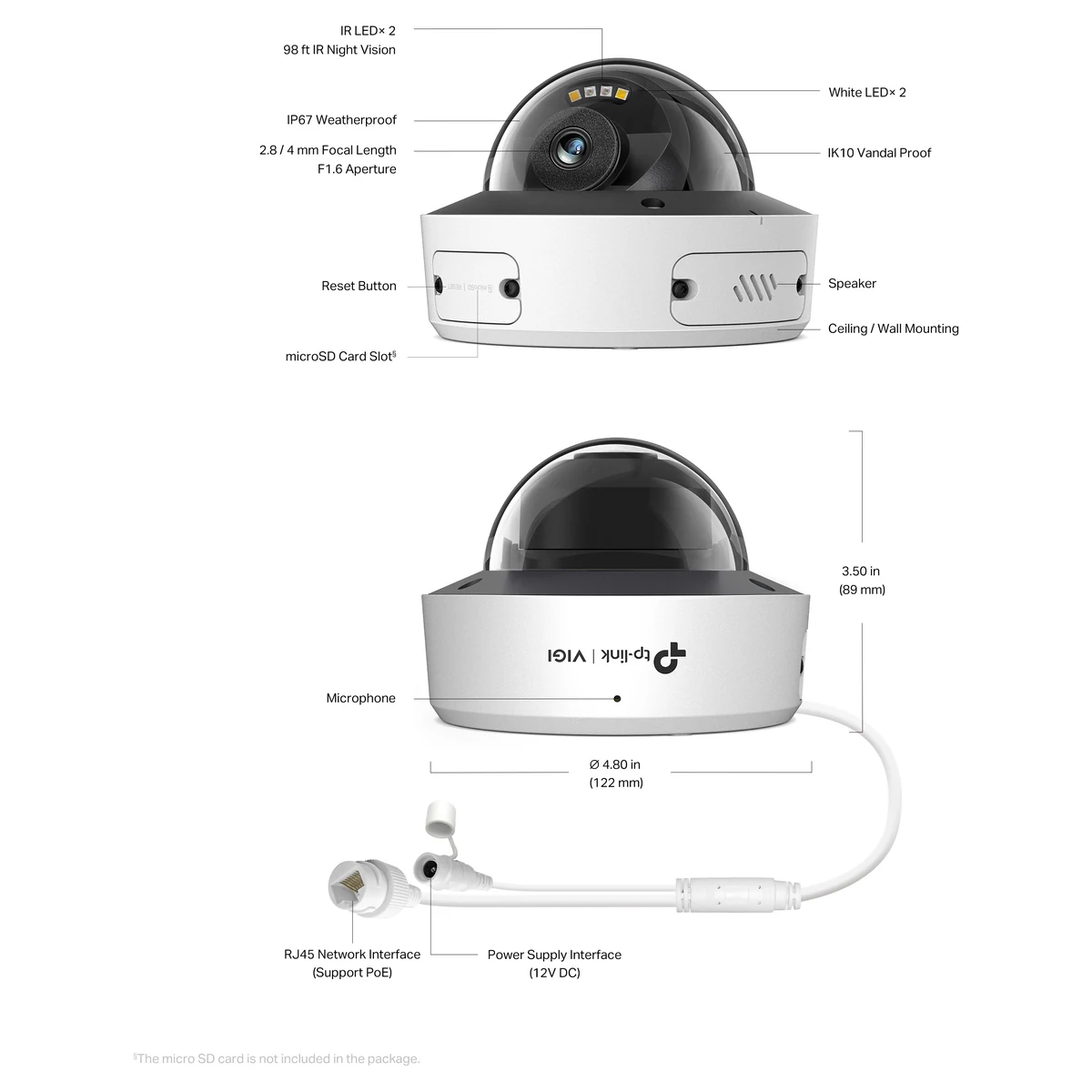 Bouwtekening: 2 infraroodled's, 2 witte led's, IP67, IK10, 2,8/4 mm brandpunt, F1.6, resetknop, luidspreker, microSD-sleuf, plafond- en wandmontage, RJ45 met PoE, 12V DC en de afmetingen