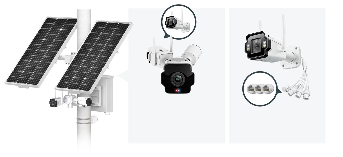 Twee zonnepanelen op een paal met de camera, en uitvergrotingen van de camera en de aansluitstekkers