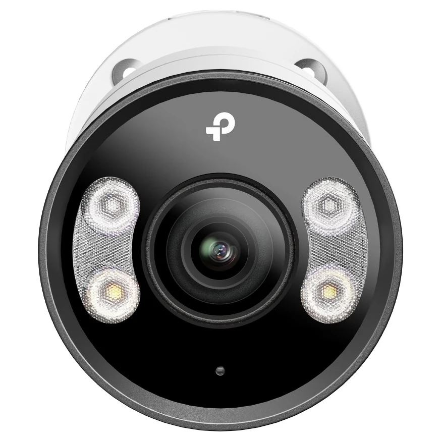 Lenskop van dichtbij: ronde zwarte voorkant met de lens in het midden, twee witte led's en twee infraroodled's