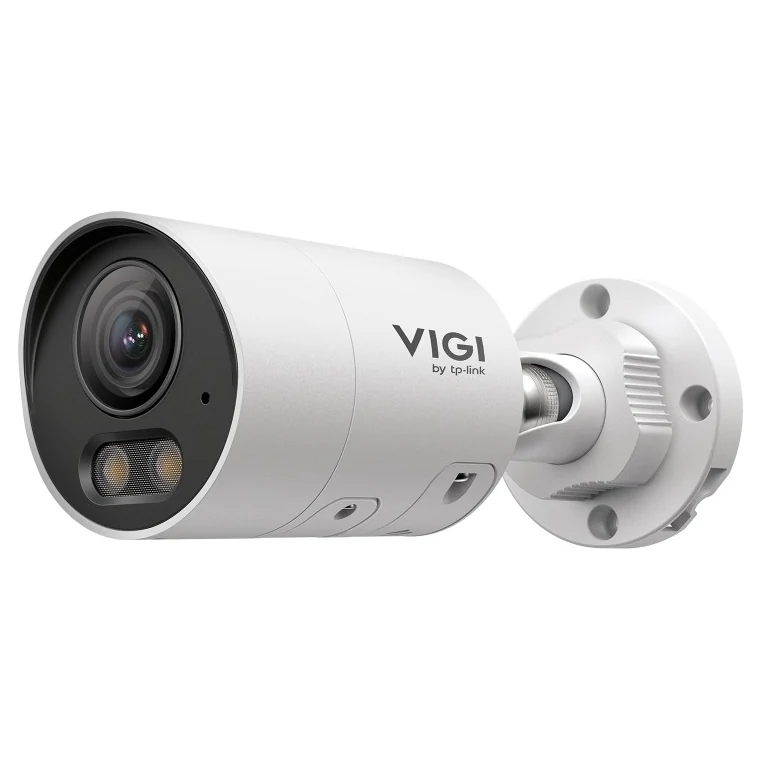 Witte bulletcamera schuin van voren op een wandbeugel, met logo VIGI by tp-link