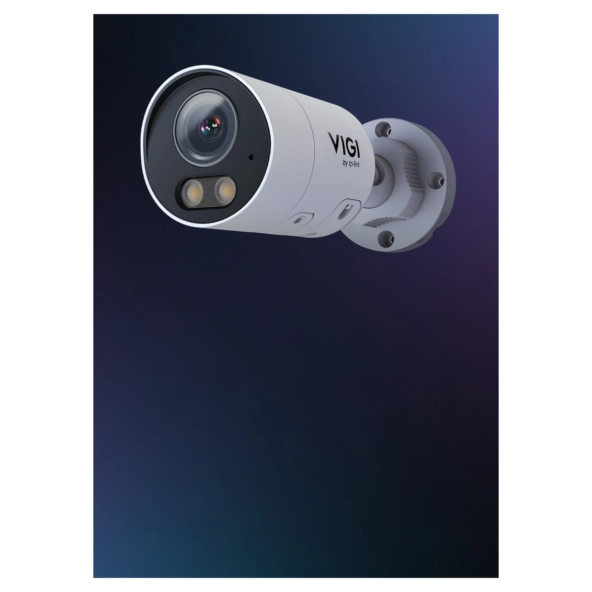 Witte bulletcamera schuin van voren op een donkerblauwe achtergrond