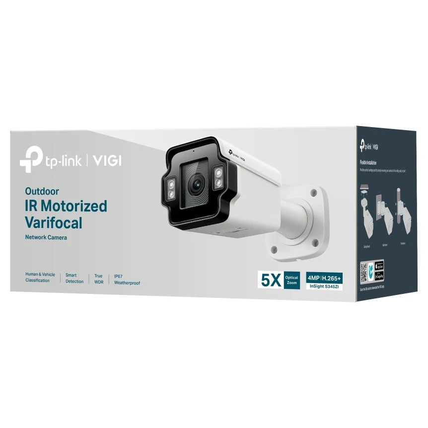 Verpakking: doos met Outdoor IR Motorized Varifocal Network Camera, 5X zoom, 4MP, H.265+ en InSight S345ZI