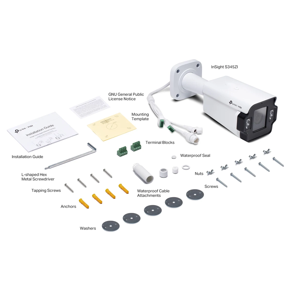 Doosinhoud: camera, waterdichte kabeldoorvoer en afdichting, aansluitklemmen, inbussleutel, schroeven, pluggen, ringen, montagesjabloon en installatiegids