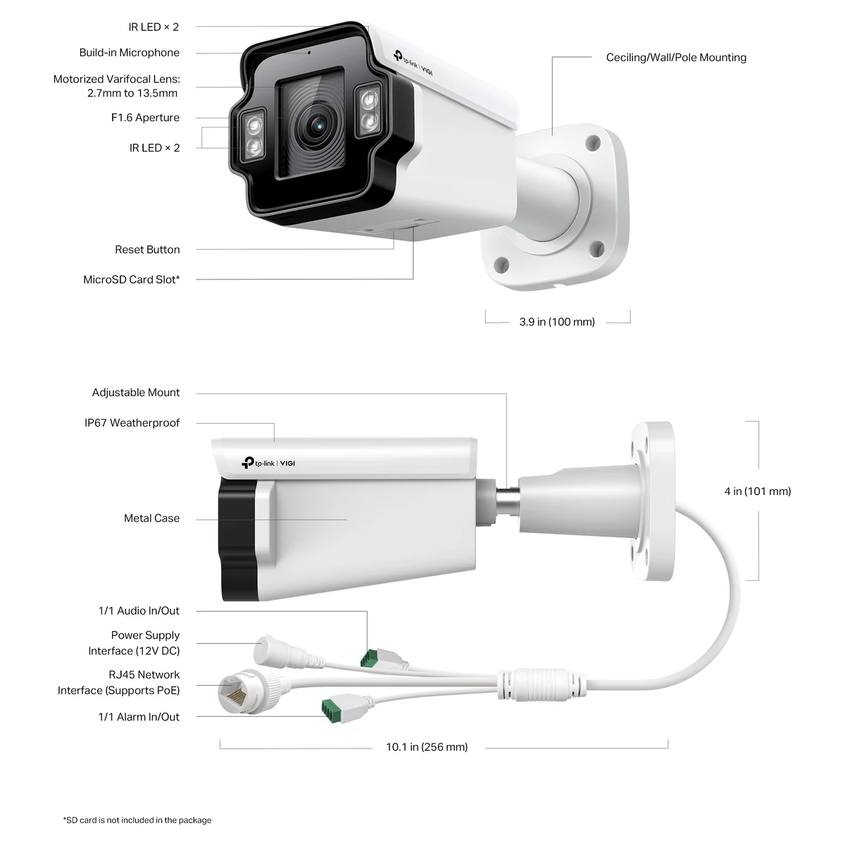 Bouwtekening: 2+2 infraroodled's, microfoon, gemotoriseerde varifocale lens 2,7-13,5 mm, F1.6-diafragma, resetknop, microSD-sleuf, verstelbare beugel, IP67, audio in/uit, alarm in/uit, RJ45 met PoE, 12V DC en de lengte van 256 mm