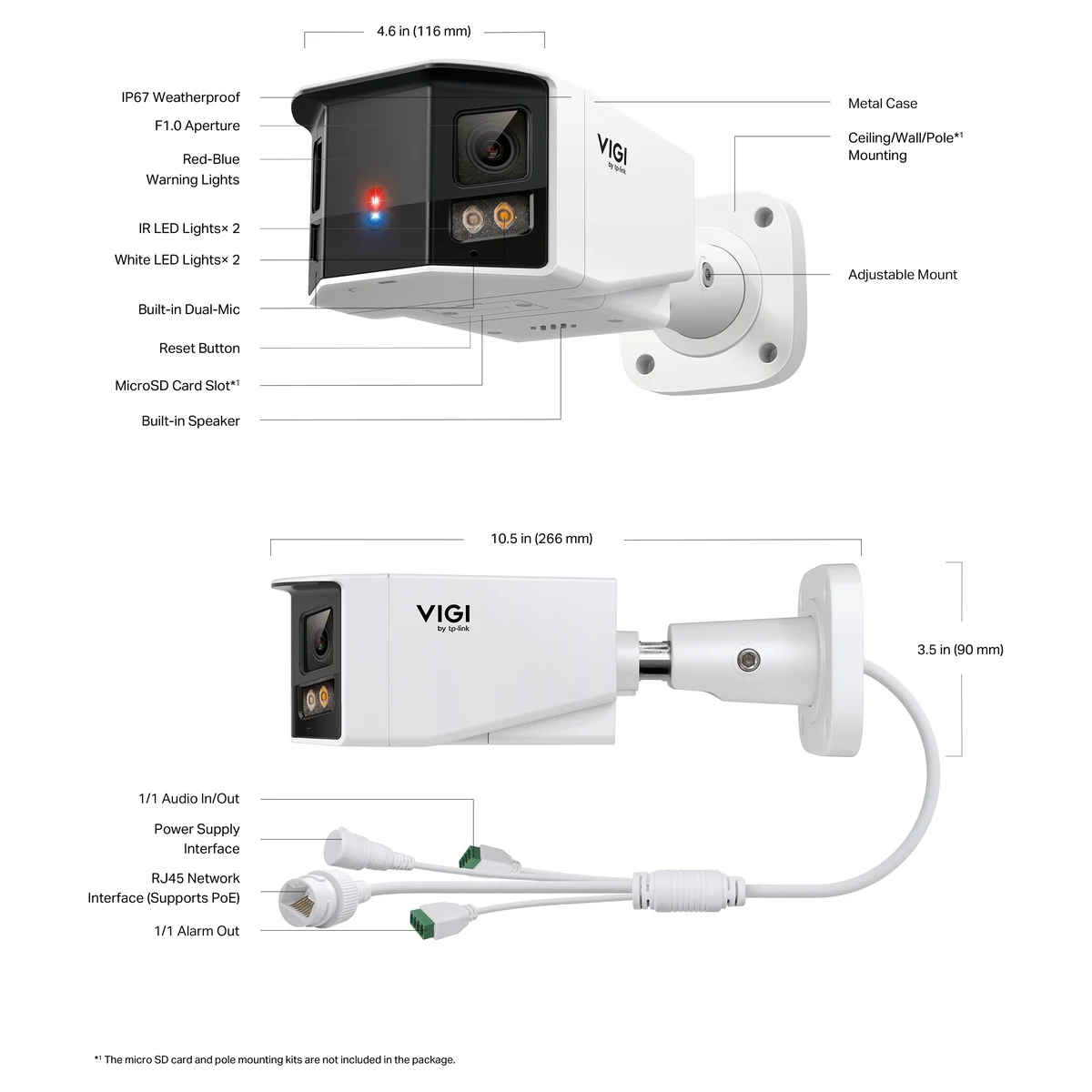 Bouwtekening: IP67, F1.0-diafragma, rood-blauwe waarschuwingslampjes, 2 infraroodled's, 2 witte led's, dubbele microfoon, resetknop, microSD-sleuf, luidspreker, verstelbare beugel, audio in/uit, RJ45 met PoE, alarm uit en de afmetingen