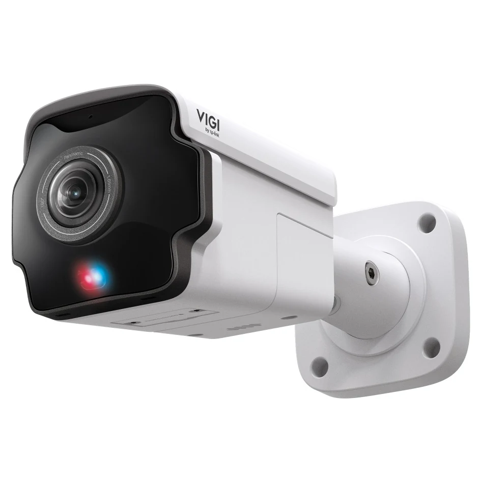 Witte panoramacamera op een wandbeugel, schuin van voren, met een rood en een blauw waarschuwingslampje onder de lens