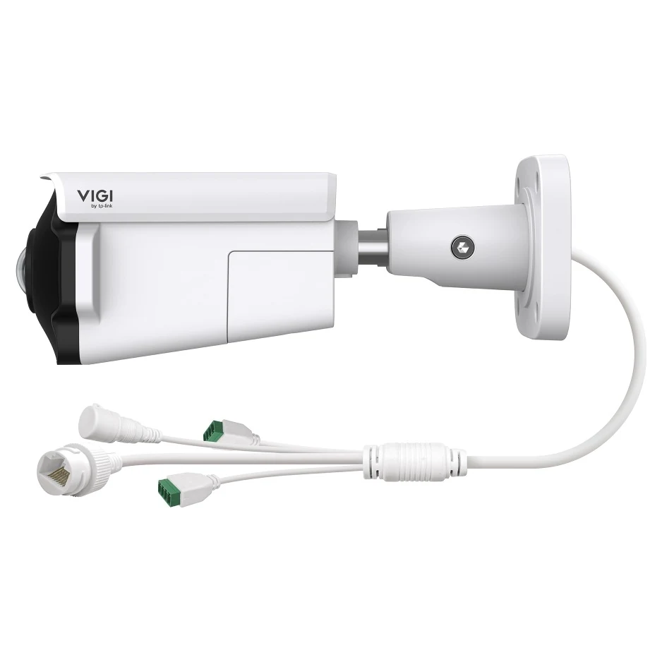 Dezelfde camera van opzij met de aansluitkabels: RJ45-stekker en schroefklemmen voor audio en alarm