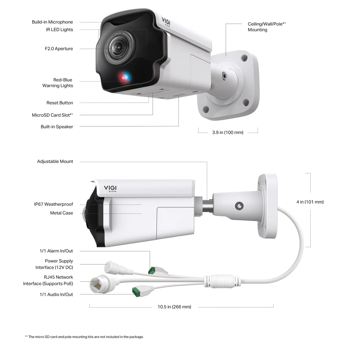 Bouwtekening: microfoon, infraroodled's, F2.0-diafragma, rood-blauwe waarschuwingslampjes, resetknop, microSD-sleuf, luidspreker, verstelbare beugel, IP67, alarm in/uit, 12V DC, RJ45 met PoE, audio in/uit en de afmetingen