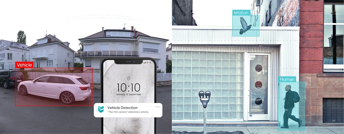 Witte auto in een rood kader Vehicle, een telefoon toont de melding Vehicle Detection, rechts een persoon in een blauw kader bij een deur