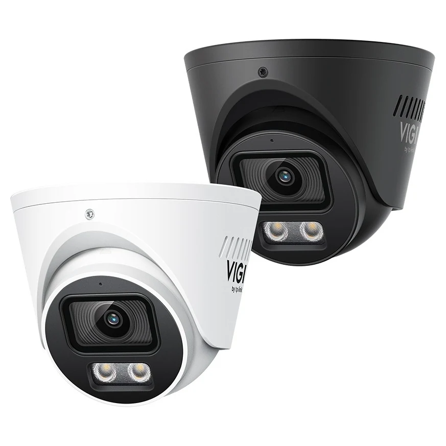 Zwarte en witte turretcamera naast elkaar, beide met de lens en twee grote led's, logo VIGI by tp-link