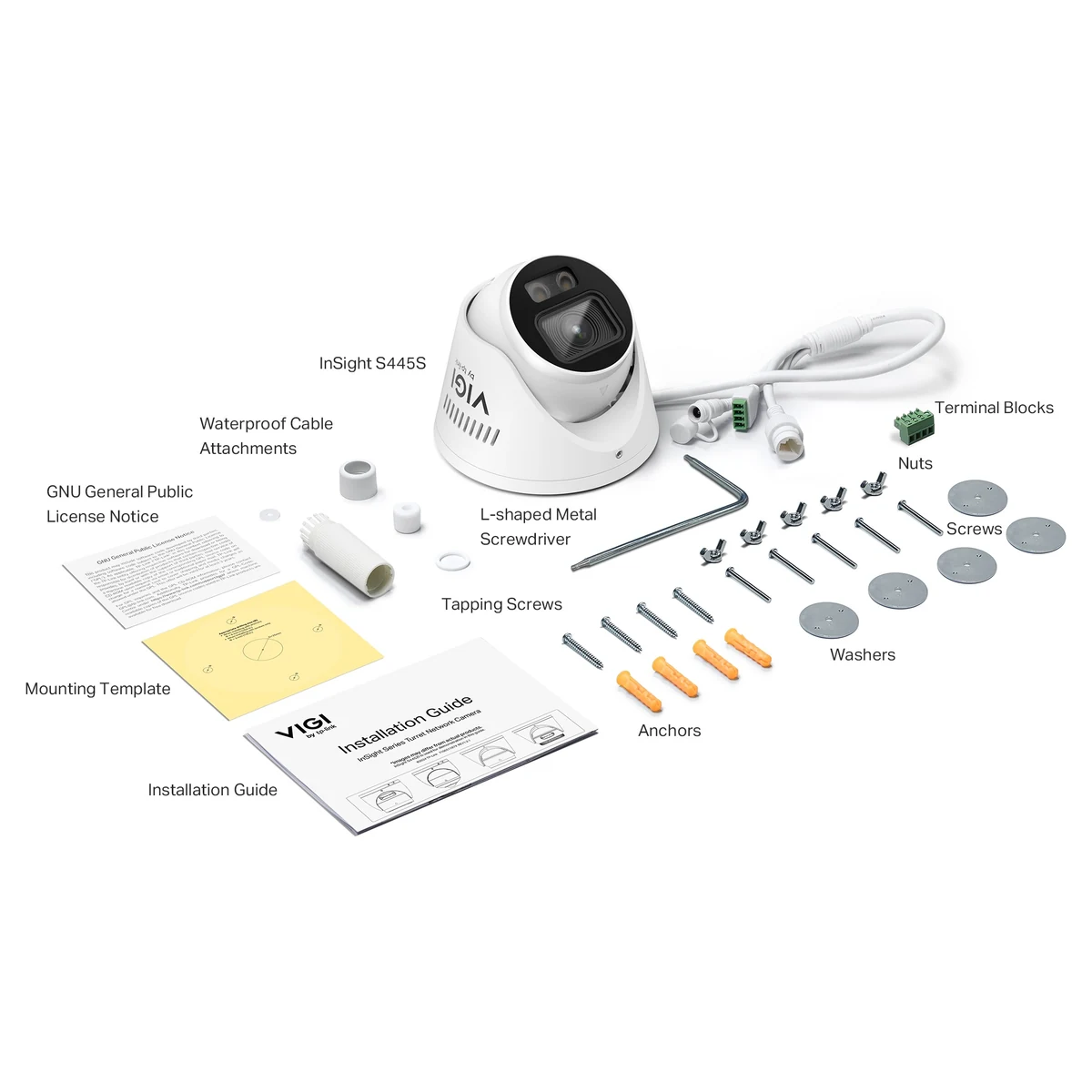 Doosinhoud van de witte uitvoering: camera, waterdichte kabeldoorvoer, aansluitklemmen, inbussleutel, schroeven, pluggen, ringen, montagesjabloon en installatiegids