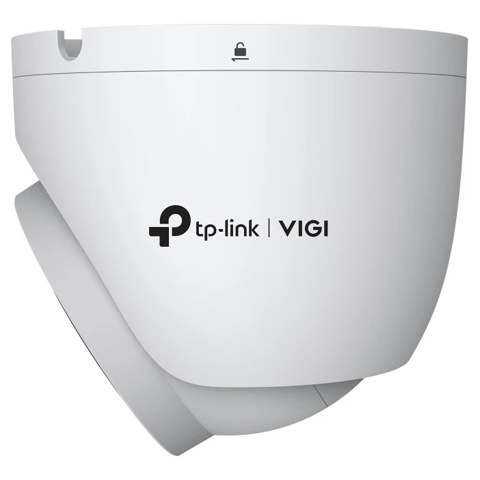 Dezelfde camera van opzij, met het logo tp-link VIGI op de kap en het slotsymbool bovenop