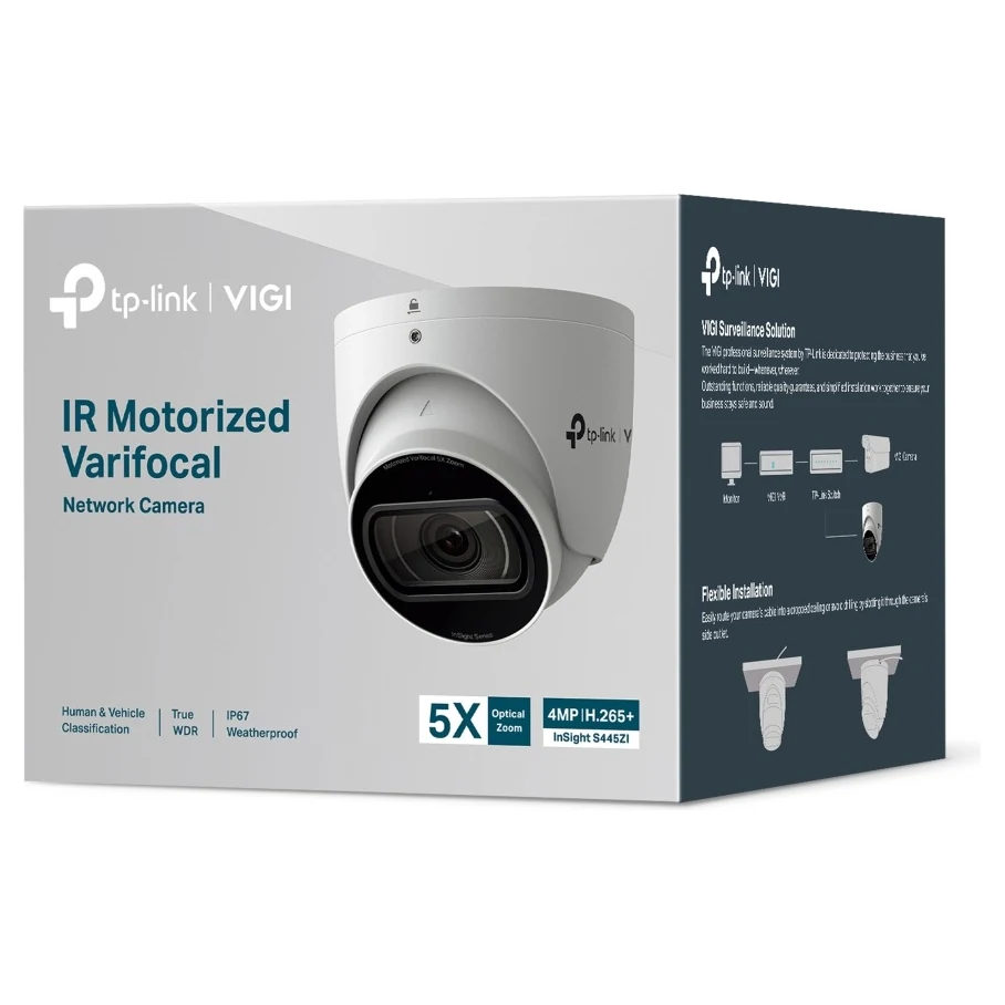 Verpakking: doos met IR Motorized Varifocal Network Camera, 5X zoom, 4MP, H.265+ en InSight S445ZI