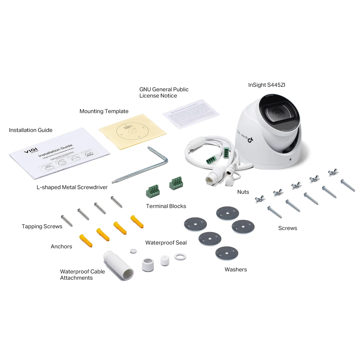 Doosinhoud: camera, waterdichte kabeldoorvoer, aansluitklemmen, inbussleutel, schroeven, pluggen, ringen, montagesjabloon en installatiegids