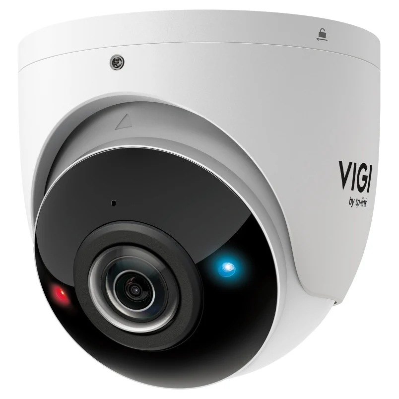 Witte turretcamera met brede panoramalens, schuin van voren, met een rood en een blauw waarschuwingslampje