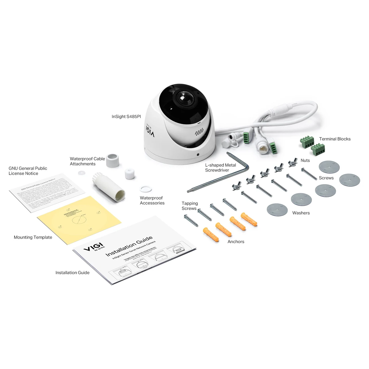 Doosinhoud: camera, waterdichte kabeldoorvoer en toebehoren, aansluitklemmen, inbussleutel, schroeven, pluggen, ringen, montagesjabloon en installatiegids