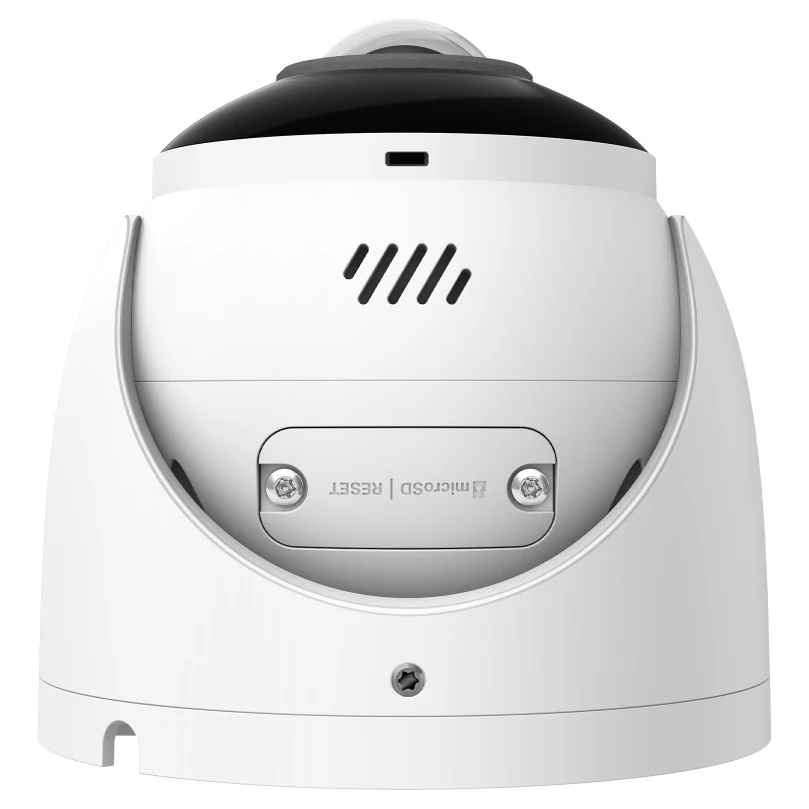 Achterzijde van de camera met het luidsprekerrooster en het klepje voor de resetknop en de microSD-sleuf