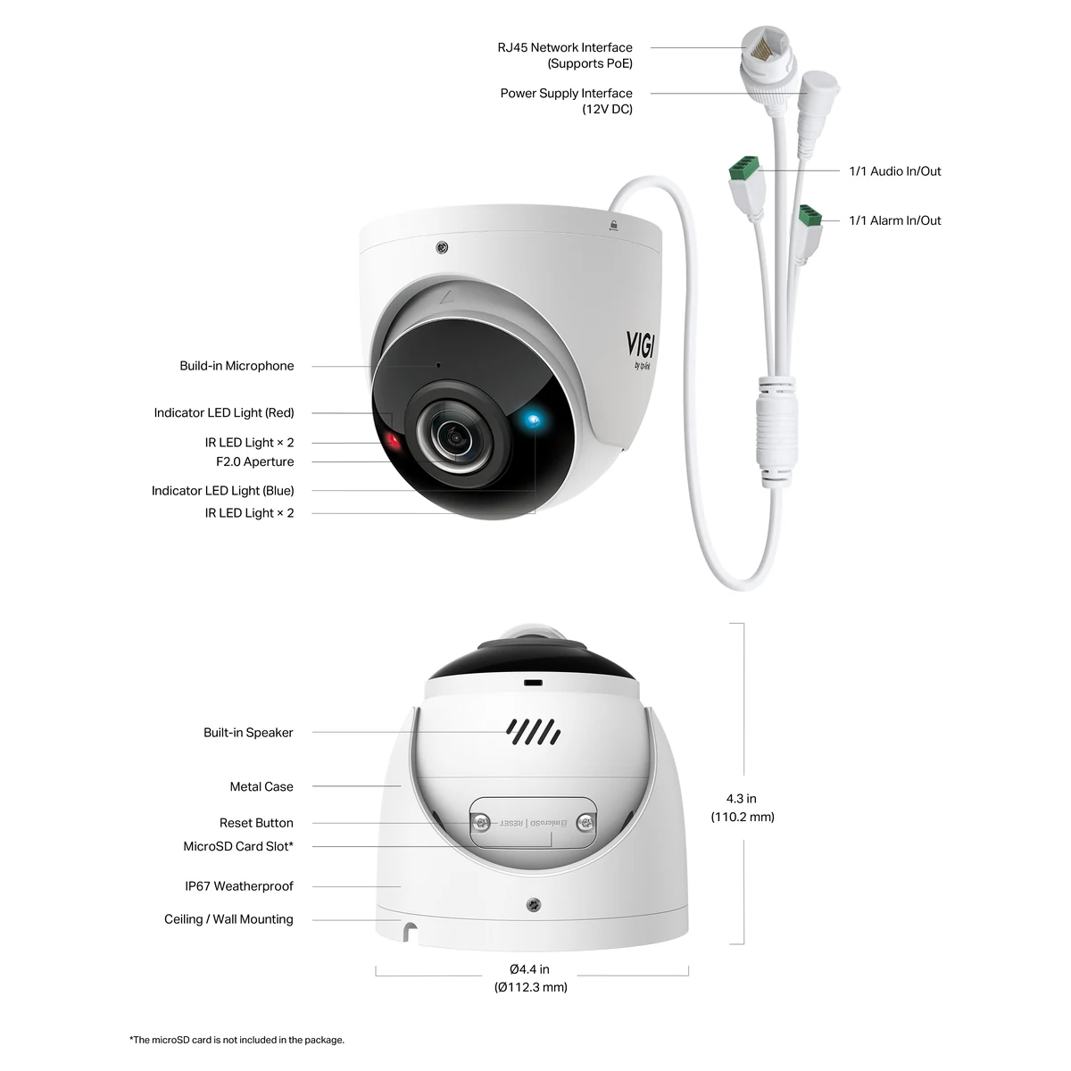 Bouwtekening: microfoon, rood en blauw indicatielampje, F2.0-diafragma, 2+2 infraroodled's, RJ45 met PoE, 12V DC, audio in/uit, alarm in/uit, luidspreker, resetknop, microSD-sleuf, IP67 en de afmetingen