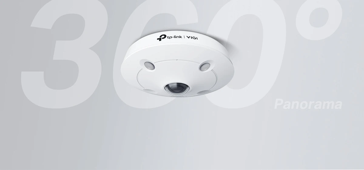 Brede banner: de fisheyecamera aan het plafond met de tekst 360 graden Panorama