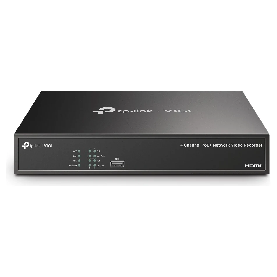 Zwarte recorder recht van voren, met de tekst 4 Channel PoE+ Network Video Recorder