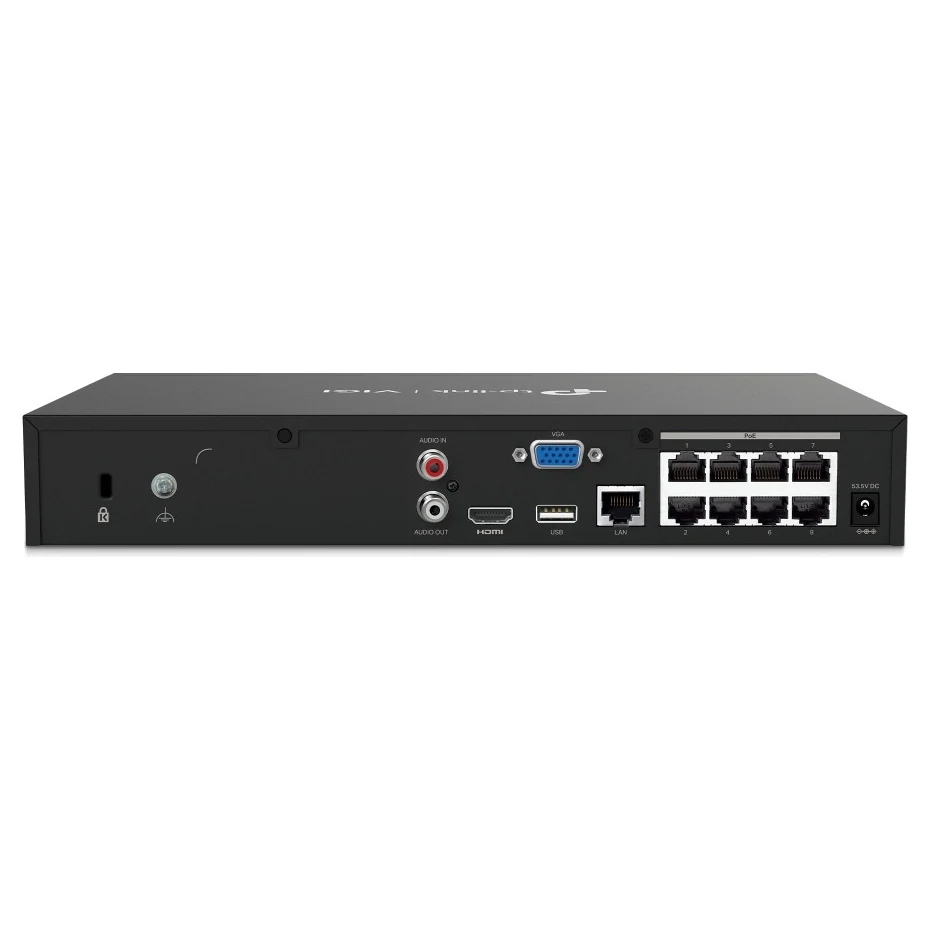 Achterkant met acht PoE+-poorten, een LAN-poort, USB, HDMI, VGA, audio in en uit, aarding, Kensington-slot en voedingsaansluiting