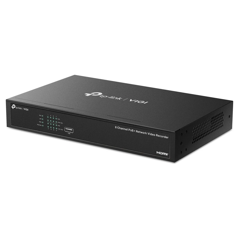 Dezelfde recorder schuin van voren, met de tekst 8 Channel PoE+ Network Video Recorder op het front