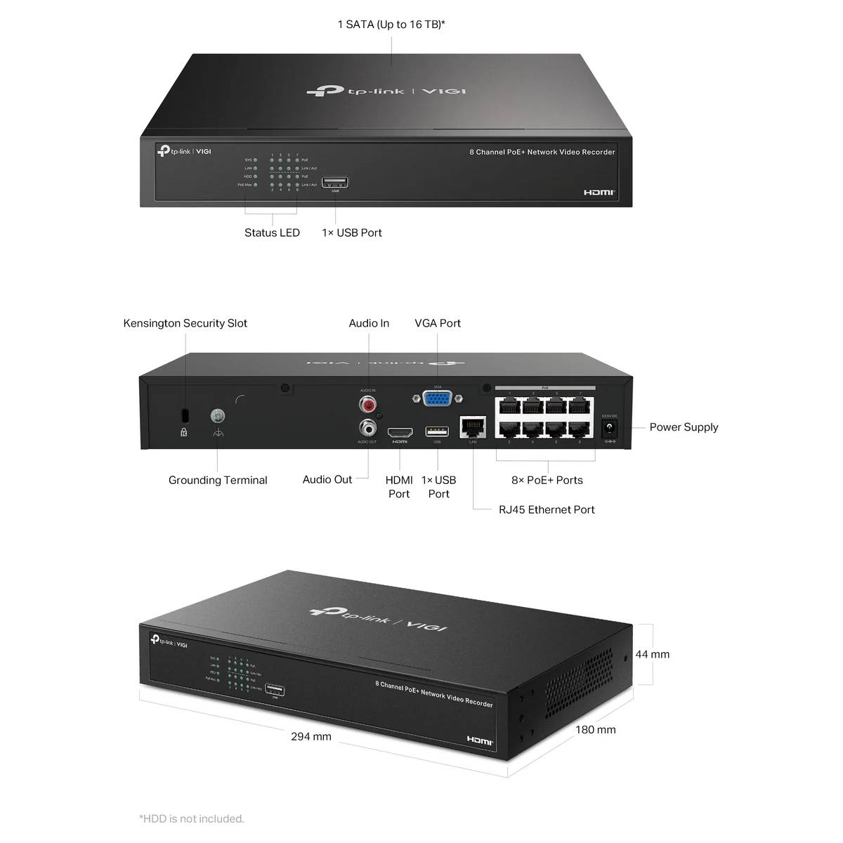 Bouwtekening: 1 SATA-aansluiting tot 16 TB, statuslampje, USB-poort, Kensington-slot, audio in, VGA, aarding, audio uit, HDMI, 8 PoE+-poorten, RJ45 en de afmetingen 294 x 180 x 44 mm