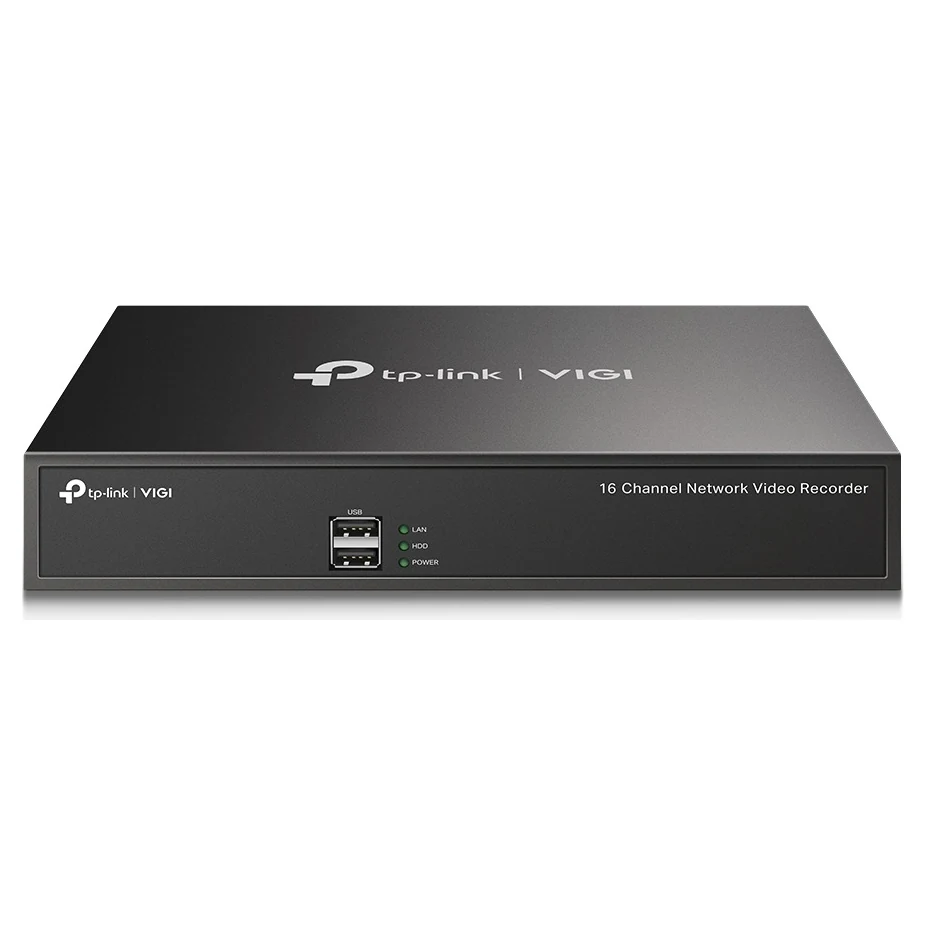 Zwarte recorder van voren met de tekst 16 Channel Network Video Recorder, twee USB-poorten en de lampjes LAN, HDD en POWER