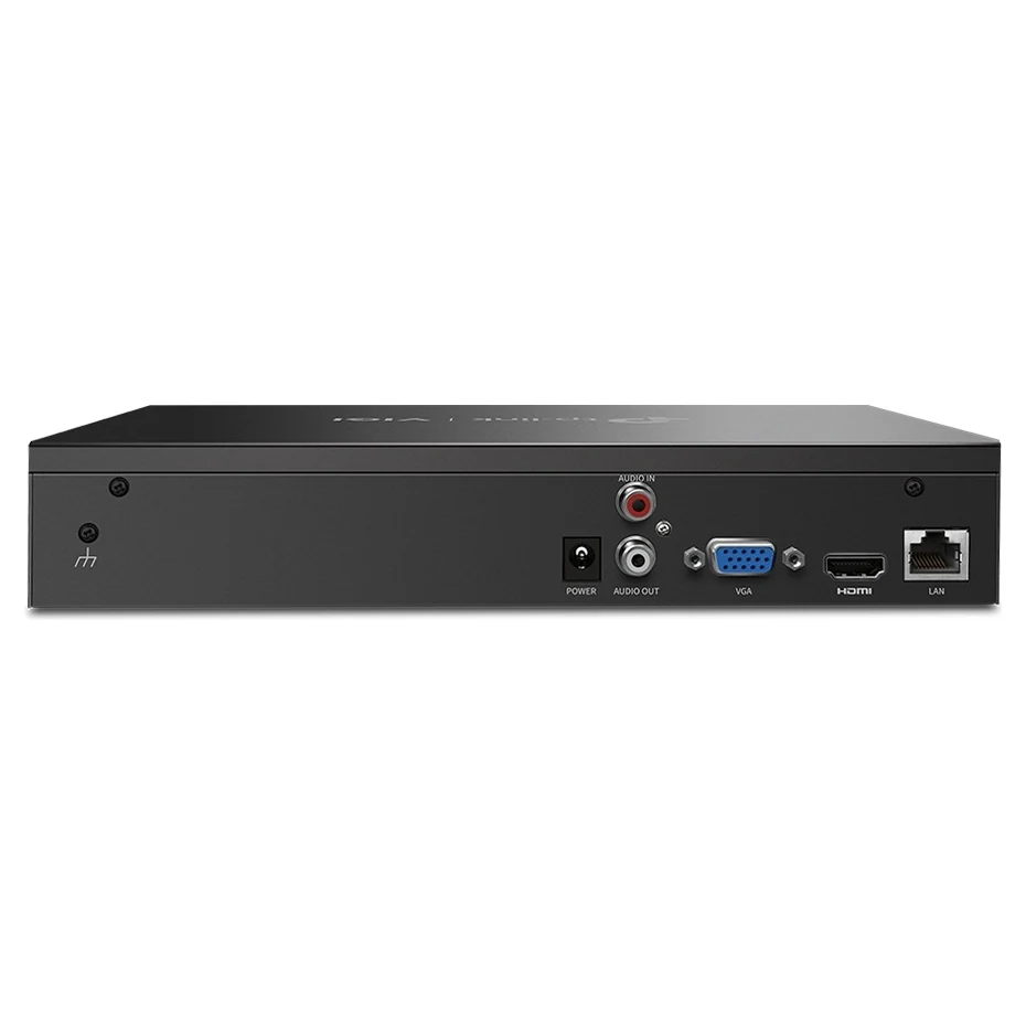 Achterkant met voedingsaansluiting, audio uit, VGA, HDMI, één LAN-poort en aarding; deze recorder heeft geen PoE-poorten