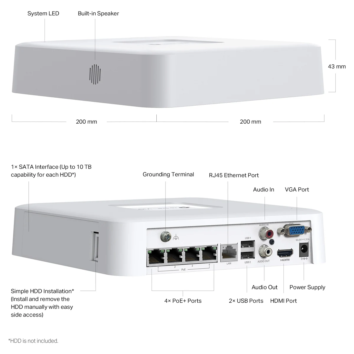 Bouwtekening: systeemlampje, ingebouwde luidspreker, 1 SATA-aansluiting tot 10 TB, aarding, RJ45, audio in en uit, VGA, HDMI, 4 PoE+-poorten, 2 USB-poorten, voeding en de afmetingen 200 x 200 x 43 mm