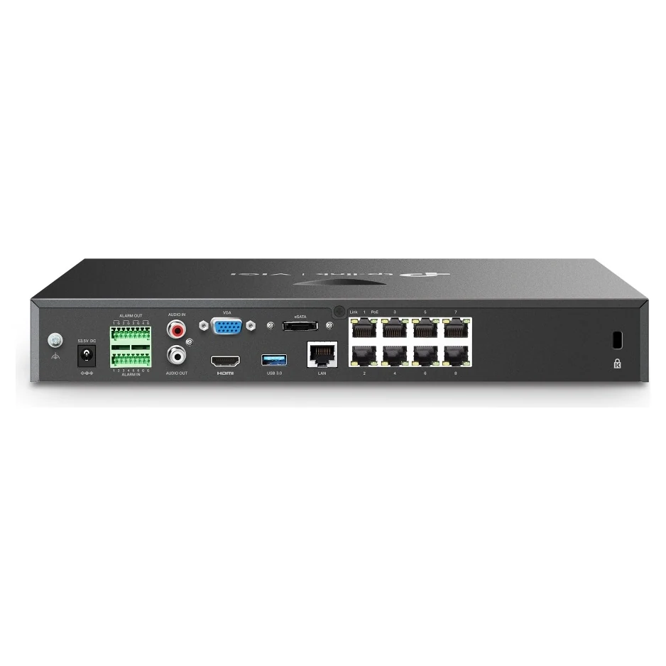 Achterkant met acht PoE+-poorten, LAN, VGA, HDMI, USB 3.0, audio in en uit, alarmklemmen, aarding, Kensington-slot en voedingsaansluiting