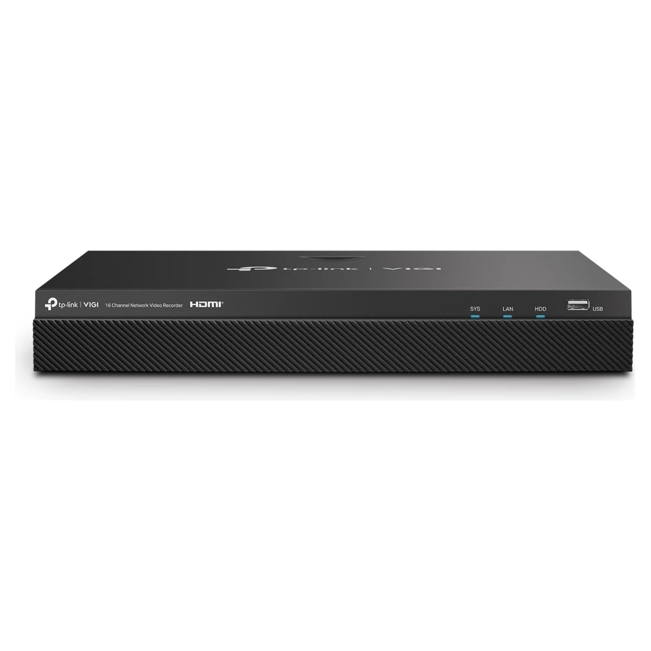Zwarte recorder van voren met een geribbeld front, statuslampjes en een USB-poort
