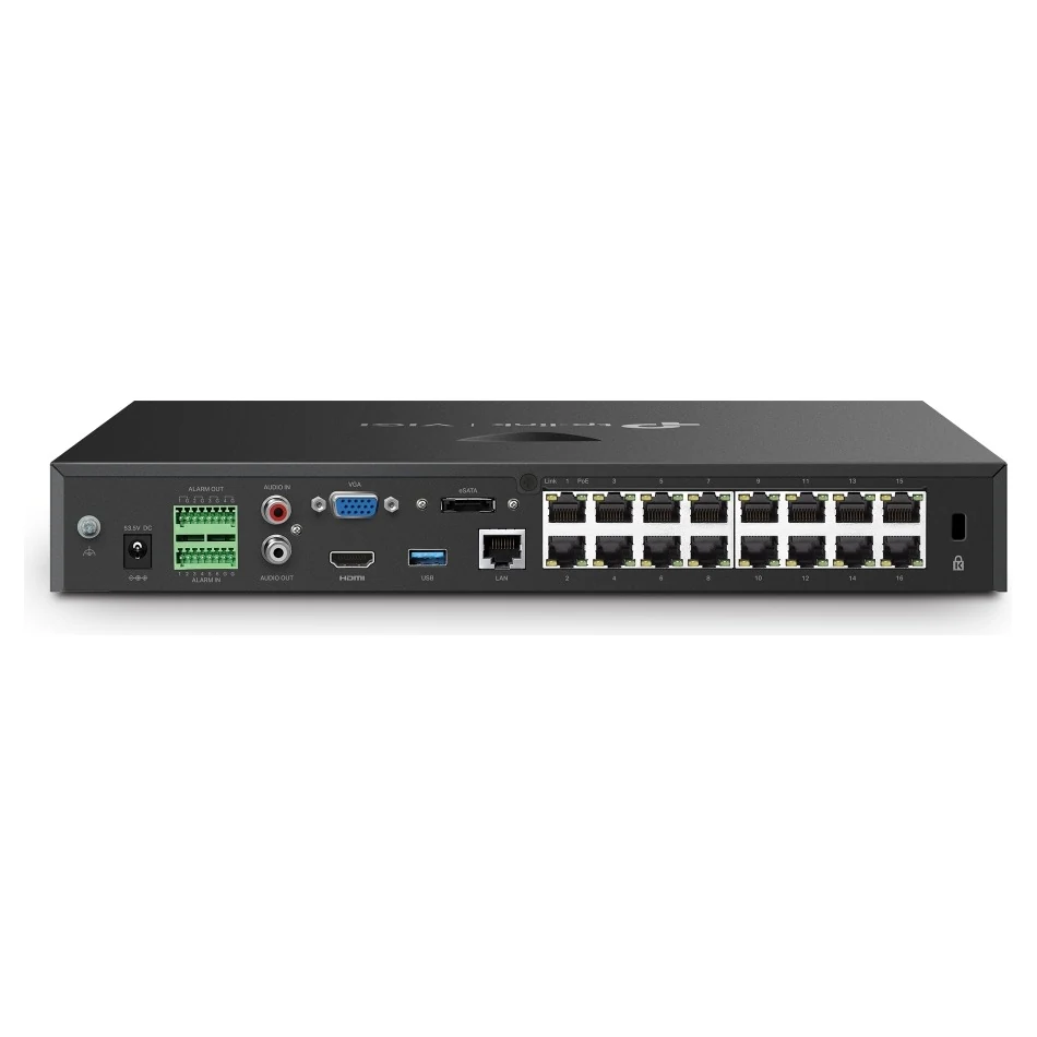 Achterkant met zestien PoE+-poorten, LAN, VGA, HDMI, USB 3.0, audio in en uit, alarmklemmen, aarding, Kensington-slot en voedingsaansluiting