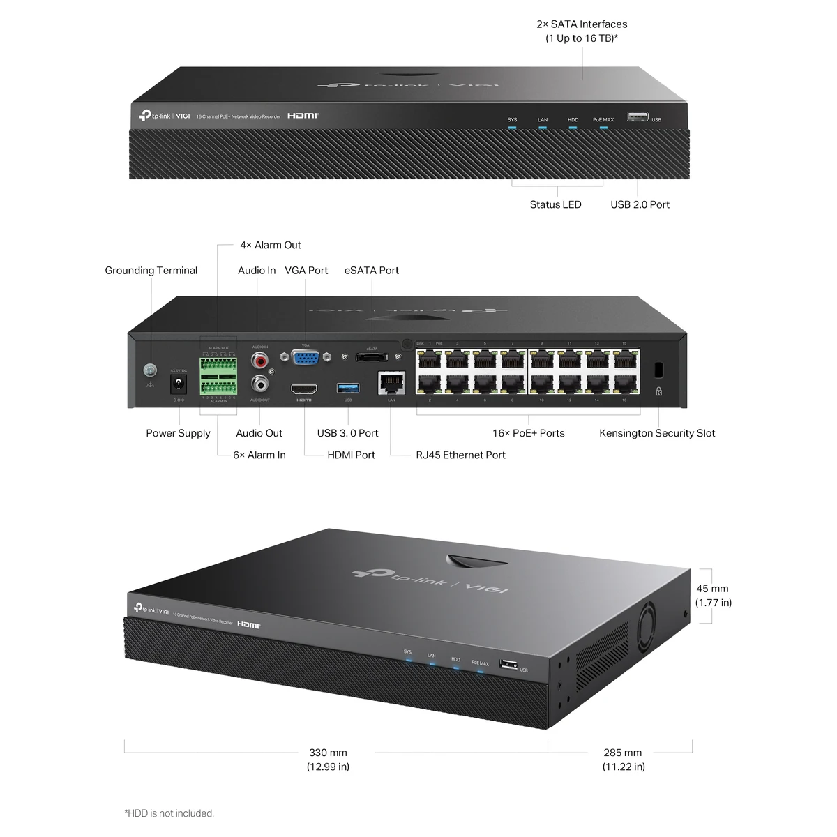 Bouwtekening: 2 SATA-aansluitingen tot 16 TB per schijf, statuslampje, USB 2.0, 4 alarmuitgangen, 6 alarmingangen, aarding, audio in en uit, VGA, HDMI, eSATA, USB 3.0, RJ45, 16 PoE+-poorten, Kensington-slot en de afmetingen 330 x 285 x 45 mm