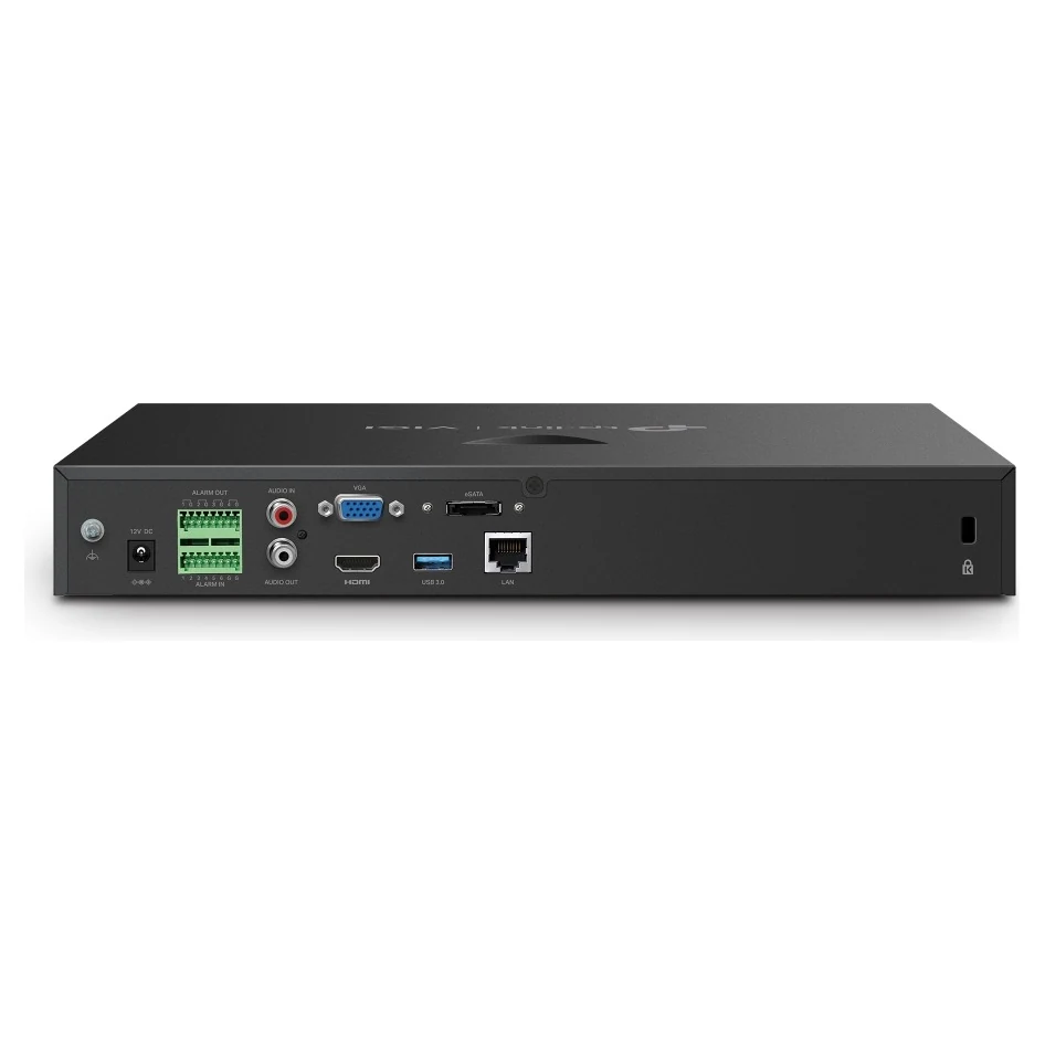 Achterkant met voedingsaansluiting, alarmklemmen, audio in en uit, VGA, HDMI, USB 3.0 en één LAN-poort; deze recorder heeft geen PoE-poorten
