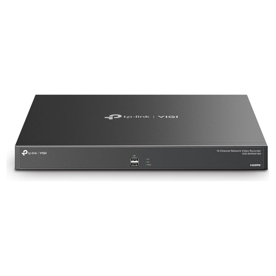 Zwarte 19-inch recorder van voren met de tekst 16 Channel Network Video Recorder, twee USB-poorten en statuslampjes