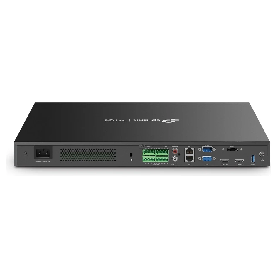 Achterkant met netaansluiting, ventilatierooster, alarmklemmen, RS-232, audio in en uit, twee RJ45-poorten, VGA, twee HDMI-poorten, USB 3.0 en aarding