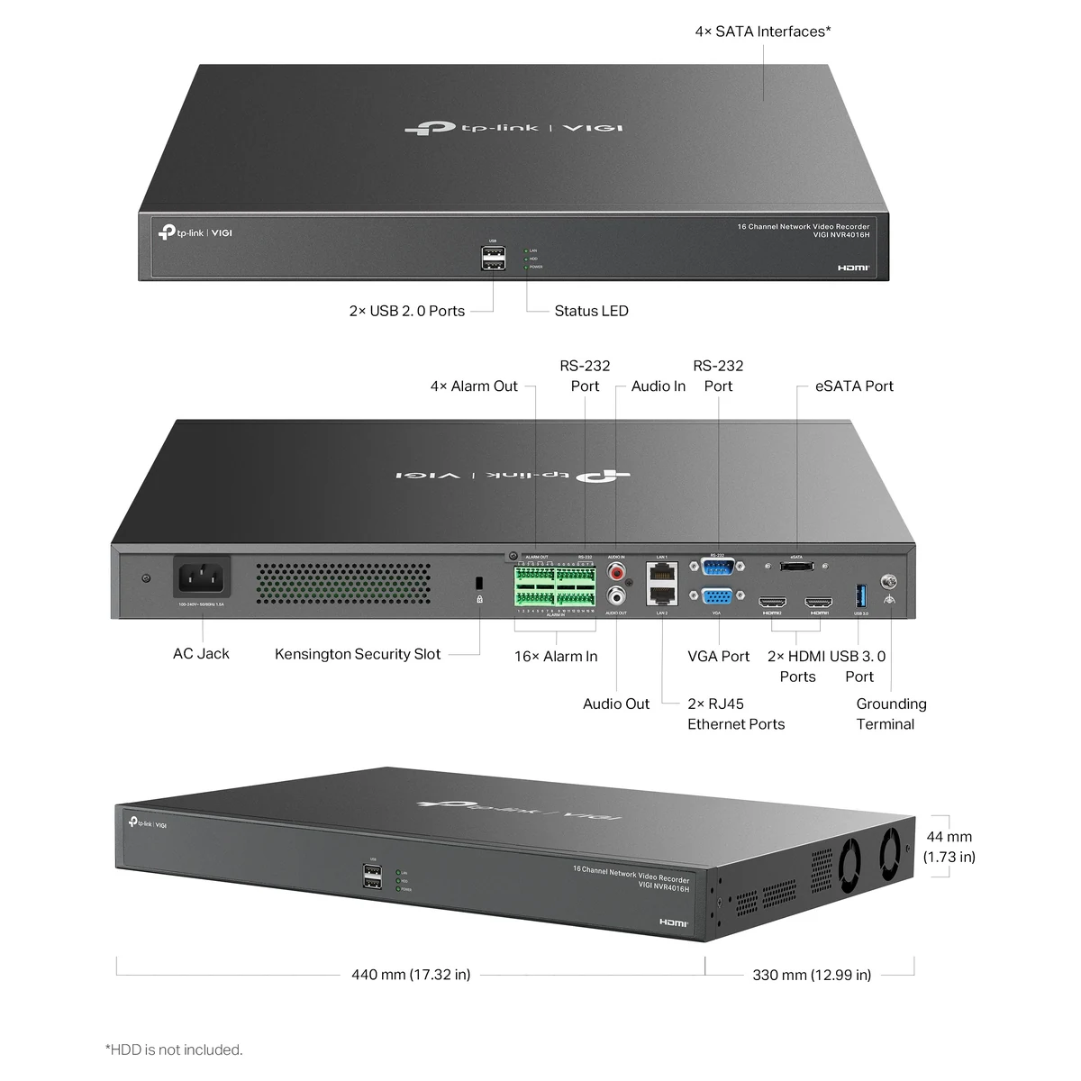 Bouwtekening: 4 SATA-aansluitingen tot 16 TB per schijf, 2 USB 2.0-poorten, statuslampje, 4 alarmuitgangen, 16 alarmingangen, 2 RS-232-poorten, eSATA, audio in en uit, VGA, 2 HDMI-poorten, USB 3.0, 2 RJ45-poorten, aarding en de afmetingen 440 x 330 x 44 mm
