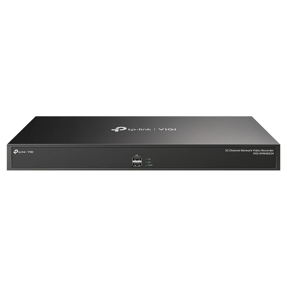 Zwarte 19-inch recorder van voren met de tekst 32 Channel Network Video Recorder VIGI NVR4032H, twee USB-poorten en statuslampjes