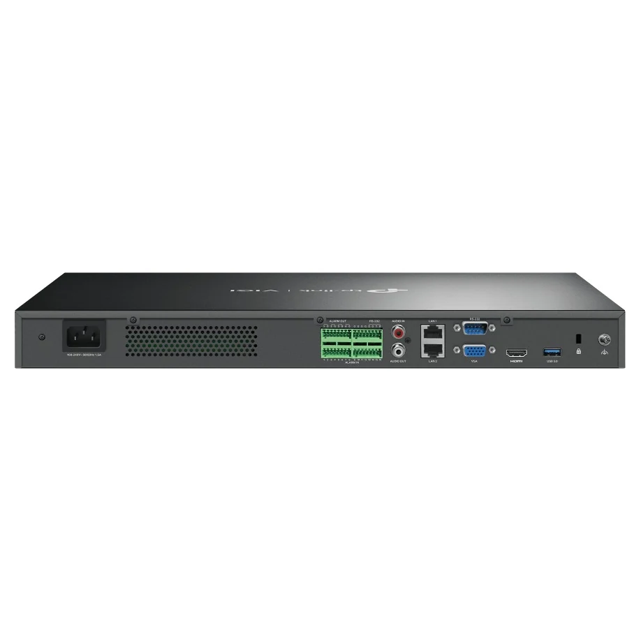 Achterkant met netaansluiting, ventilatierooster, alarmklemmen, RS-232, audio in en uit, twee RJ45-poorten, VGA, HDMI, USB 3.0 en aarding