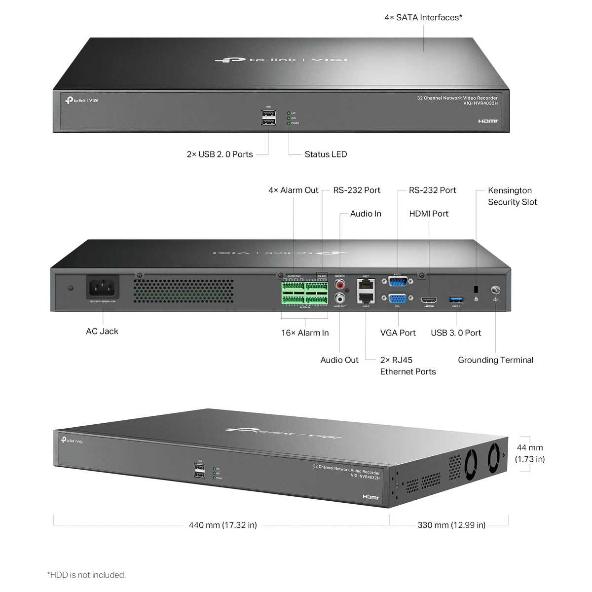 Bouwtekening: 4 SATA-aansluitingen, 2 USB 2.0-poorten, statuslampje, 4 alarmuitgangen, 16 alarmingangen, 2 RS-232-poorten, HDMI, audio in en uit, VGA, USB 3.0, 2 RJ45-poorten, Kensington-slot, aarding en de afmetingen 440 x 330 x 44 mm