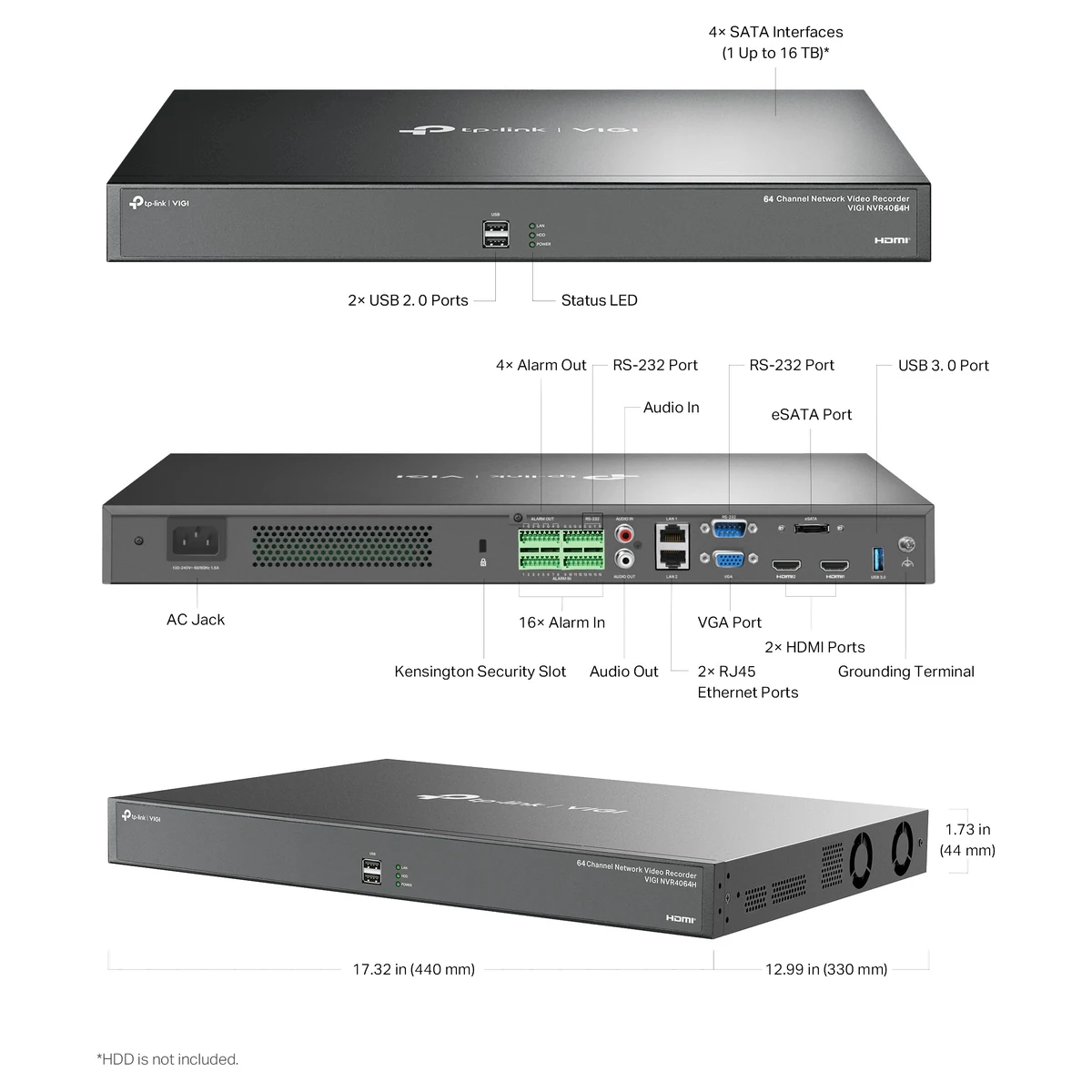 Bouwtekening: 4 SATA-aansluitingen tot 16 TB per schijf, 2 USB 2.0-poorten, statuslampje, 4 alarmuitgangen, 16 alarmingangen, 2 RS-232-poorten, eSATA, audio in en uit, VGA, 2 HDMI-poorten, USB 3.0, 2 RJ45-poorten, aarding en de afmetingen 440 x 330 x 44 mm
