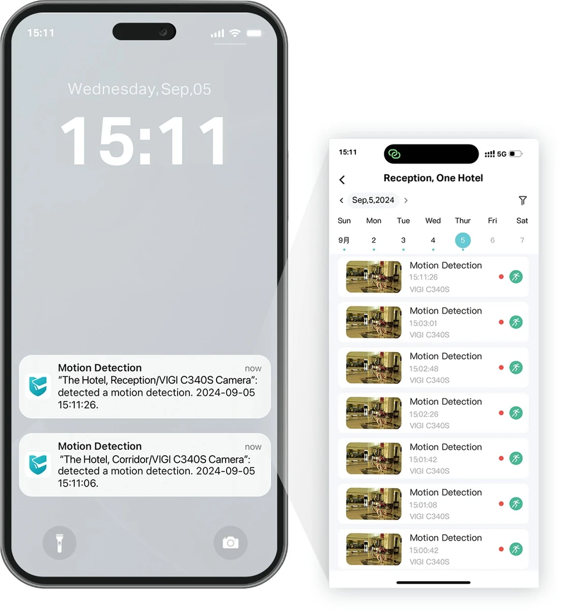 Telefoon met meldingen van bewegingsdetectie op het vergrendelscherm, ernaast de gebeurtenissenlijst per dag