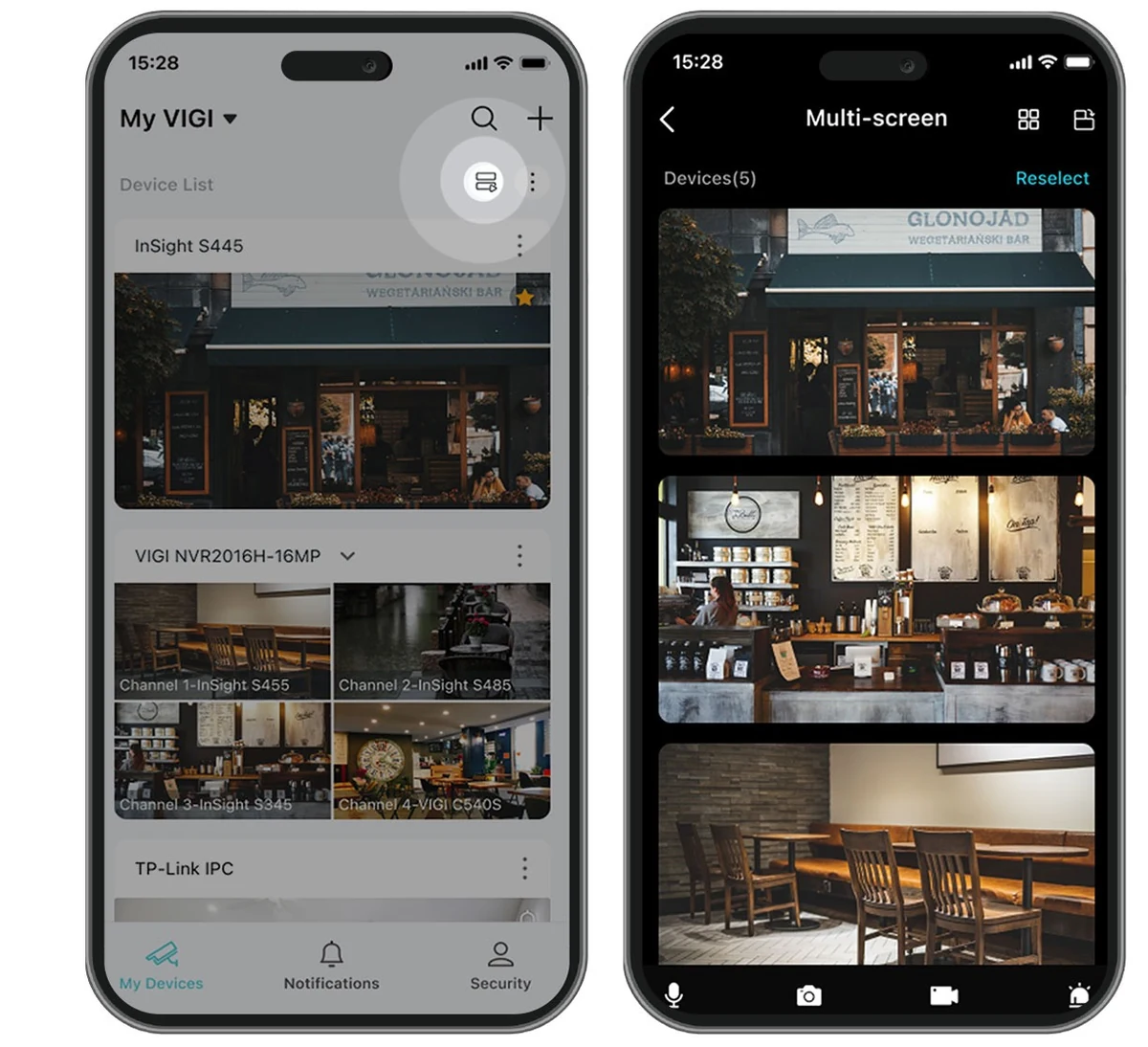Twee telefoons naast elkaar: links de apparatenlijst My VIGI, rechts het Multi-screen-overzicht