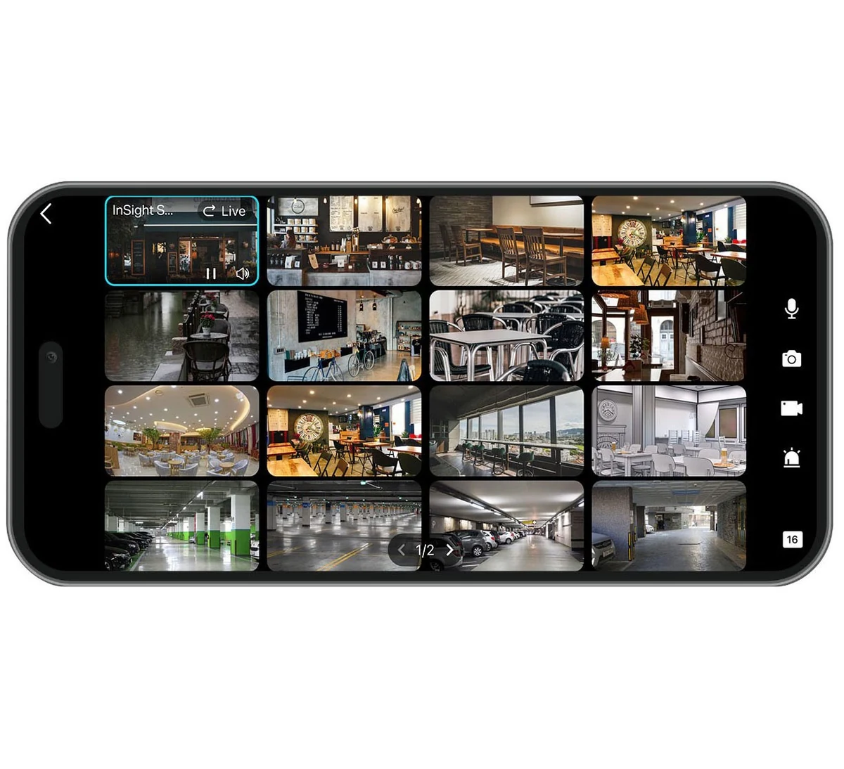 Telefoon in liggende stand met negen camerabeelden tegelijk