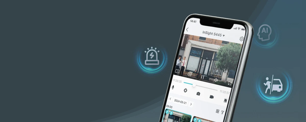 Brede banner: de app op een telefoon met pictogrammen voor alarm, AI en herkenning eromheen